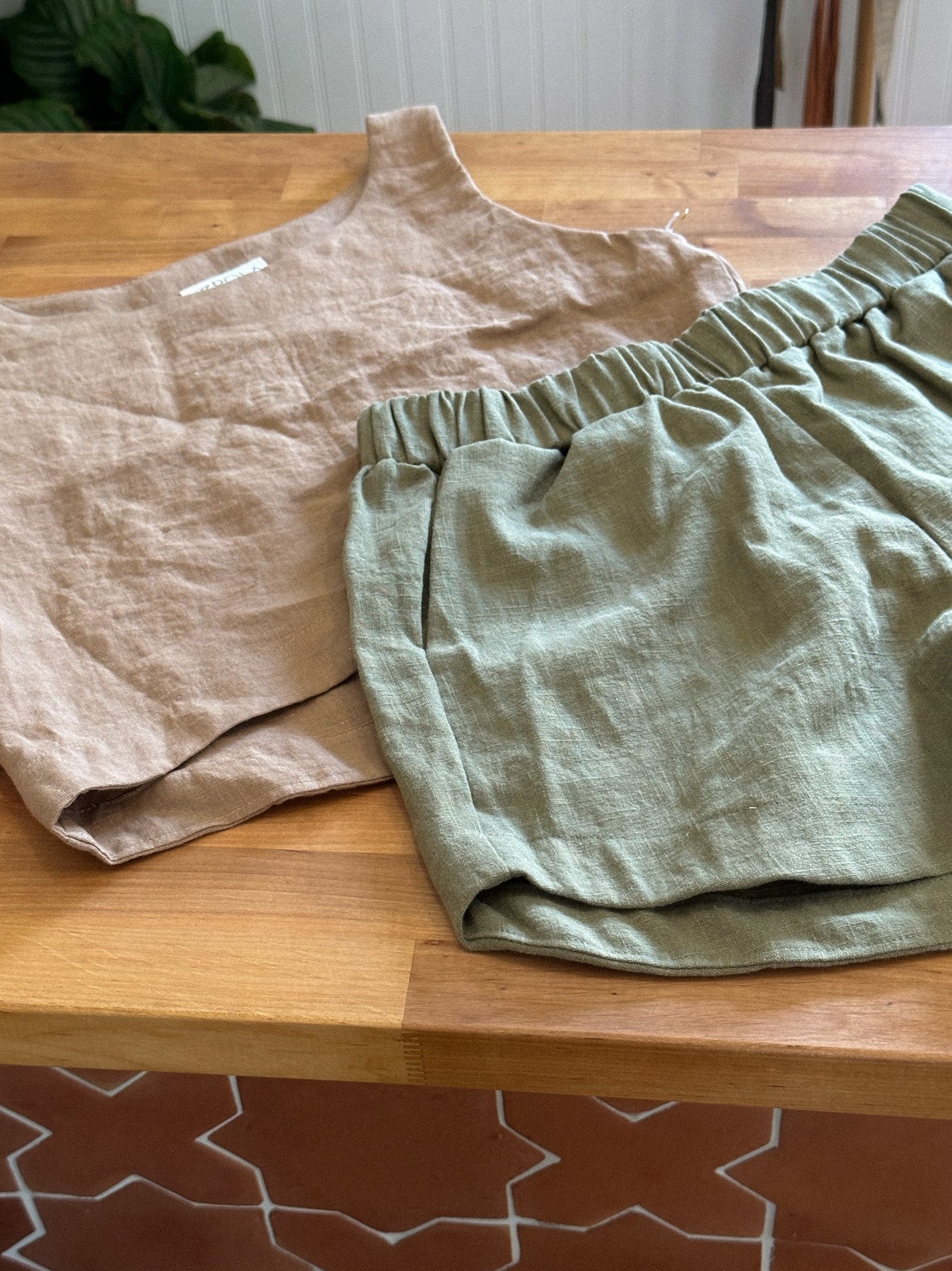 Kepola design house Naples linen crop tank In almond and Delphi linen shorts in artichoke