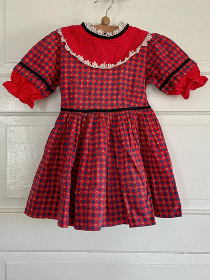 Red Vintage Patterned Dress — 3/4y
