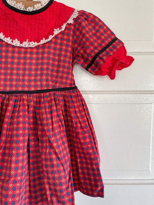 Red Vintage Patterned Dress — 3/4y
